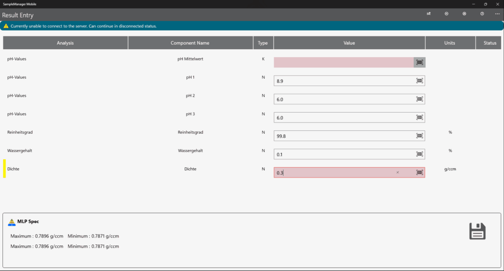 Screenshot der SampleManager Mobile App 3.3 auf einem Tablet, das die Offline-Ergebniseingabe während der Feldarbeit zeigt. Die Benutzeroberfläche ermöglicht die Erfassung von Testergebnissen ohne aktive Serververbindung.