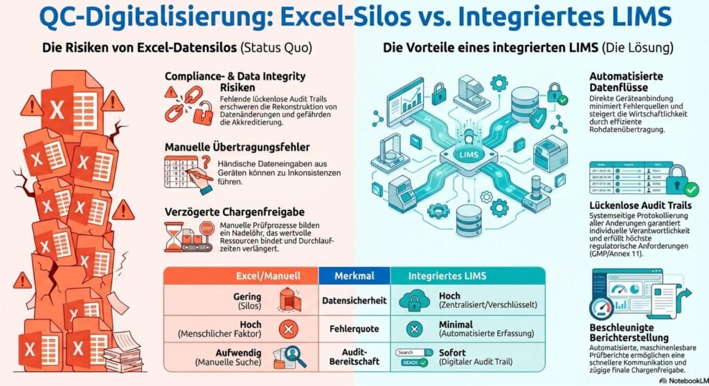 Vergleich zwischen fehleranfälligen Excel-Datensilos und einem integrierten LIMS in der Qualitätskontrolle (QC). Visualisierung von Compliance-Risiken durch die manuelle Übertragung gegenüber automatisierten Datenflüssen und Audit-Trails zur Fehlervermeidung.