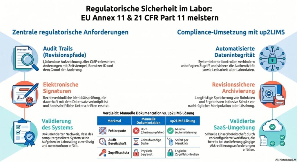 Infografik zur Einhaltung regulatorischer Standards im Laborumfeld. Darstellung der Anforderungen von EU Annex 11 und 21 CFR Part 11, einschließlich Audit Trails, elektronischer Signaturen und Datenintegrität, sowie wie up2LIMS diese Anforderungen normkonform abbildet.